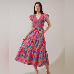 Sugarlips Luray Floral Sunfire Smocked Tiered Maxi Dress Cotton Pink Multi M